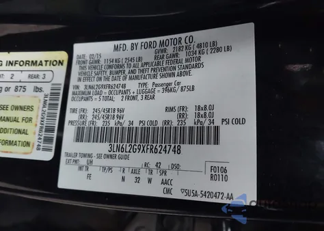 2015 Lincoln Mkz z USA, uszkodzony, nr VIN 3LN6L2G9XFR624748